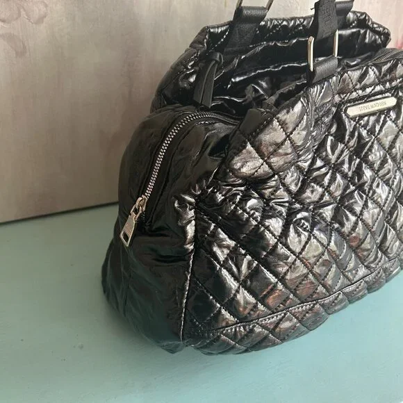 Steve Madden Black Large Quilted Tote Weekender Shoulder Bag Canvas Handles - Picture 6 of 11